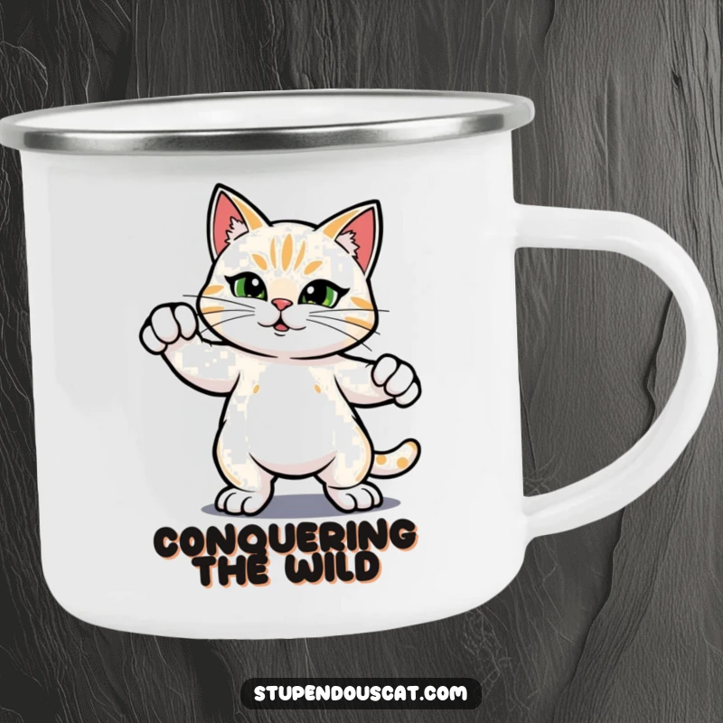 Funny camping mug featuring a heroic cat in a confident stance, perfect for sipping beverages during outdoor adventures with a humorous spirit.