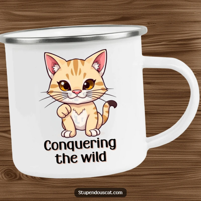 Funny camping mug: A proud feline with exaggerated whiskers strikes a power stance, perfect for rugged adventures.