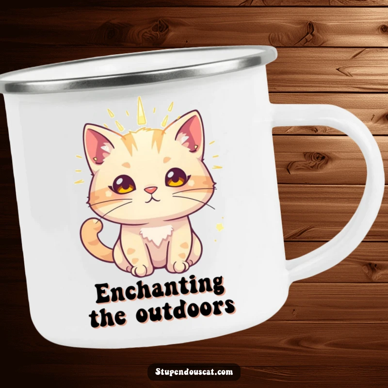 Funny cat camping mug showing a cat with a radiant aura, exuding powerful charm.