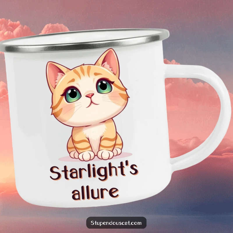 Funny cat camping mug showing a cat in awe looking at a sparkling, shimmering object, perfect for outdoor drinks.