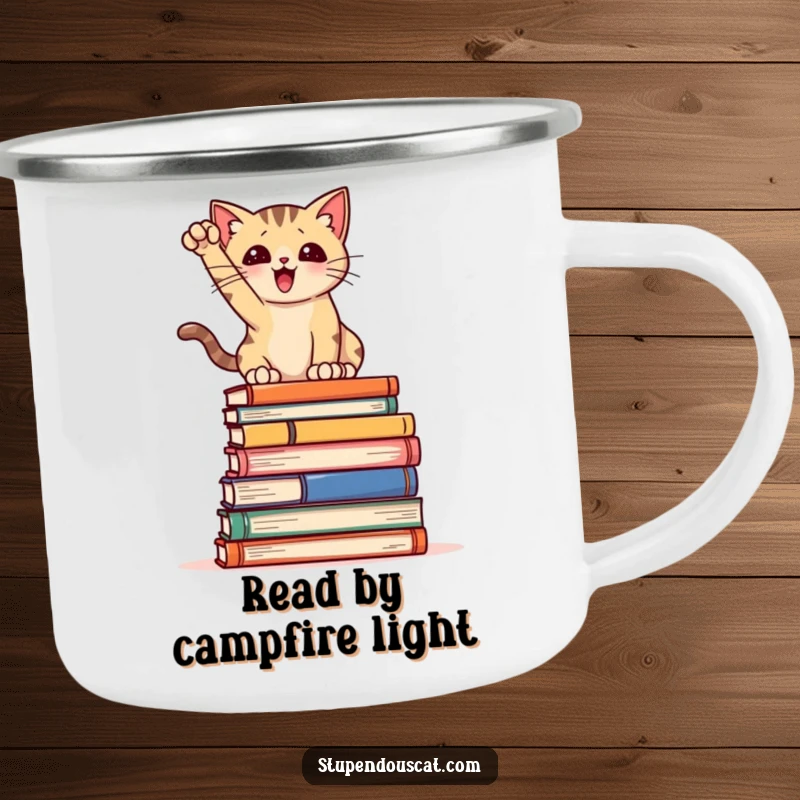 Funny Camping Mug: A cat posing dramatically on books, ready for outdoor adventures with literary humor and a sturdy design.