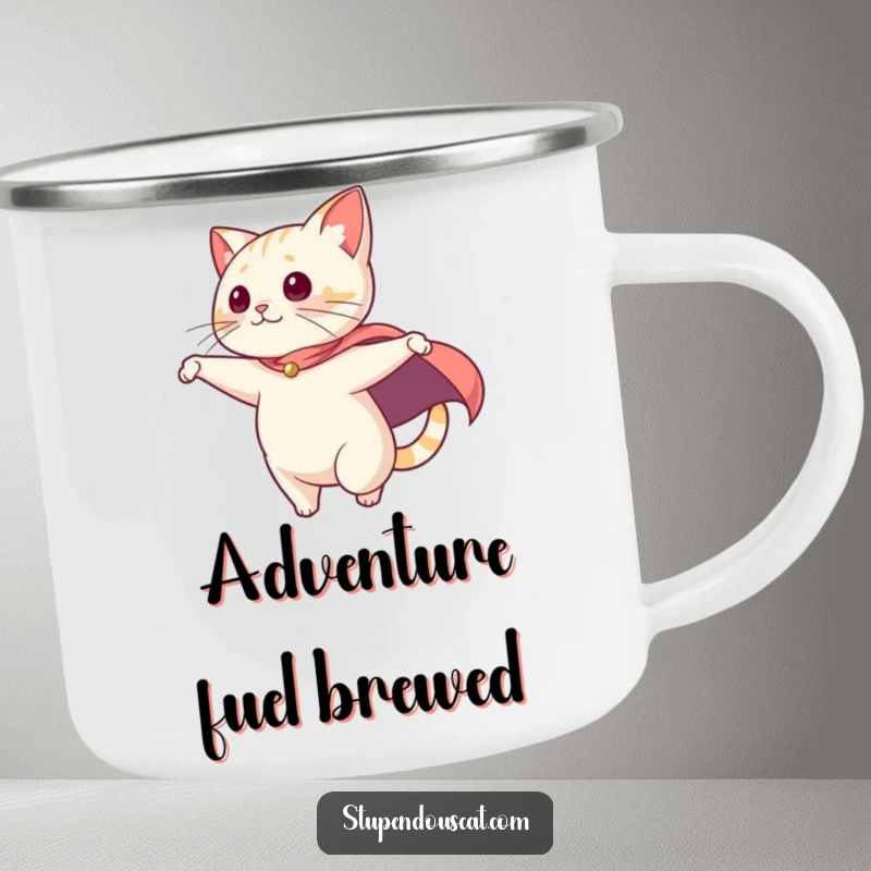 Funny Camping Mug: A cat with a dramatic cape swooping, ready for outdoor adventures with heroic feline flair.