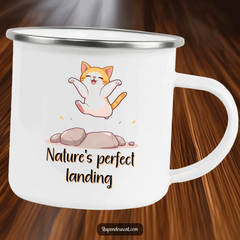 Funny cat camping mug depicting a cat perfectly landing after an adventurous jump, ready for outdoor fun.