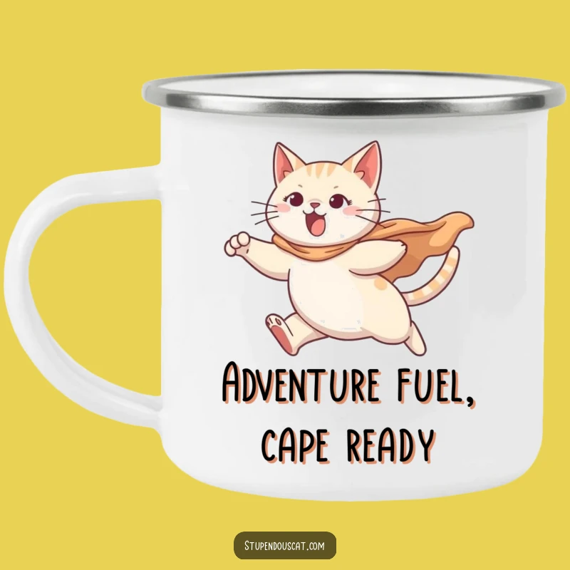 Funny Cat Leaping Camp Mug - Determined Hero Outdoor Adventure, Hilarious Gift