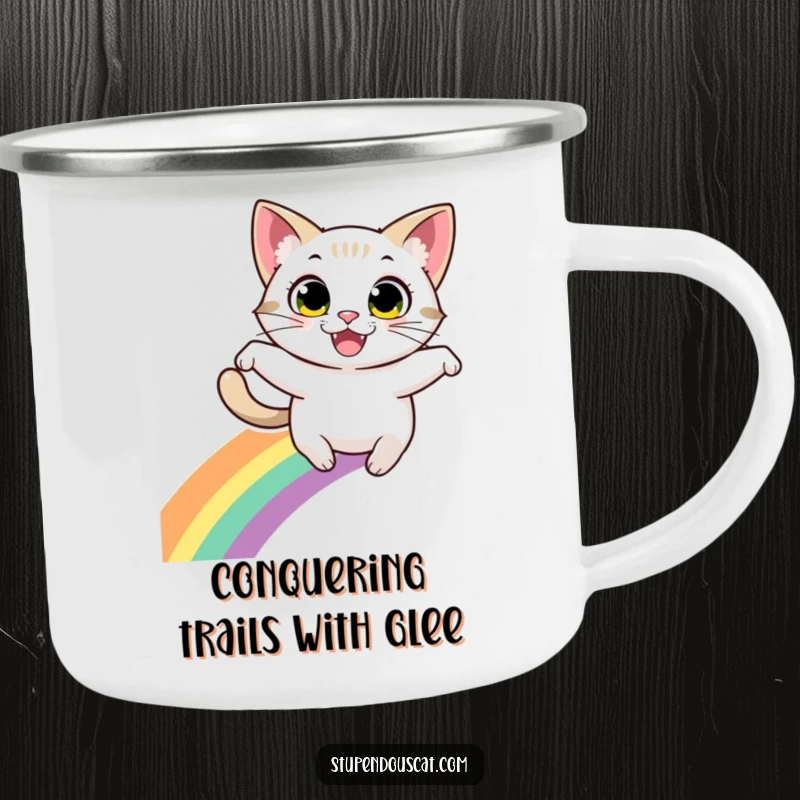 Funny camping mug: A cat with energetic eyes and a wide grin leaping over a rainbow, ideal for campfires and hikes.