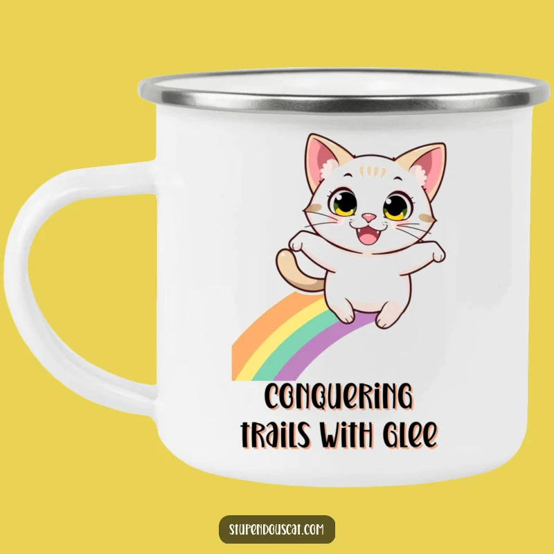 Funny Cat Leaping Rainbow Camping Mug: Adventure Fuel - Perfect Funny Gift