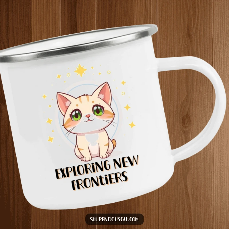 Funny cat camping mug showing a cat watching a magical portal open in the wilderness.