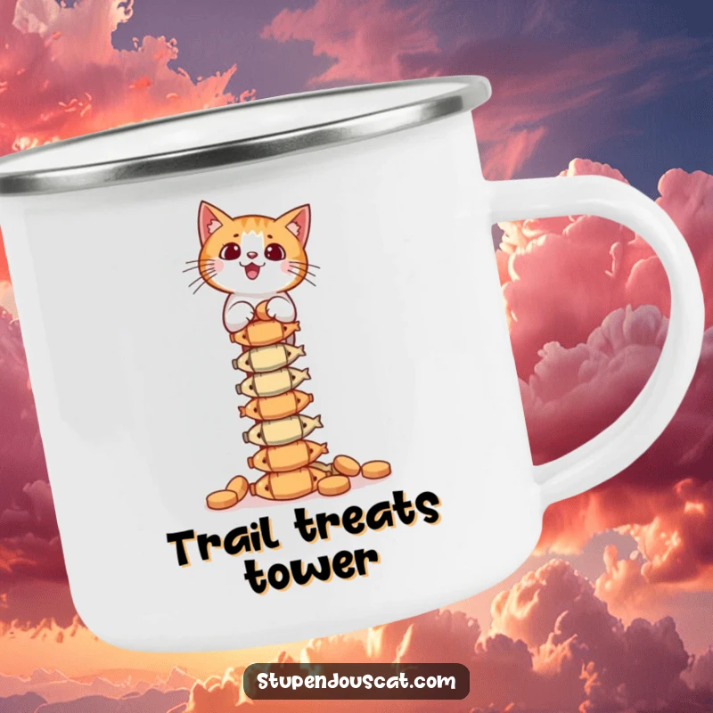 Funny Camping Mug: A cat balances a towering pile of fish treats, ready to hold your favorite camp beverage.