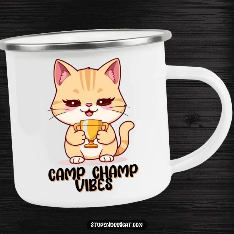 Funny cat camping mug with a smug cat holding a tiny trophy, perfect for outdoor drinks.
