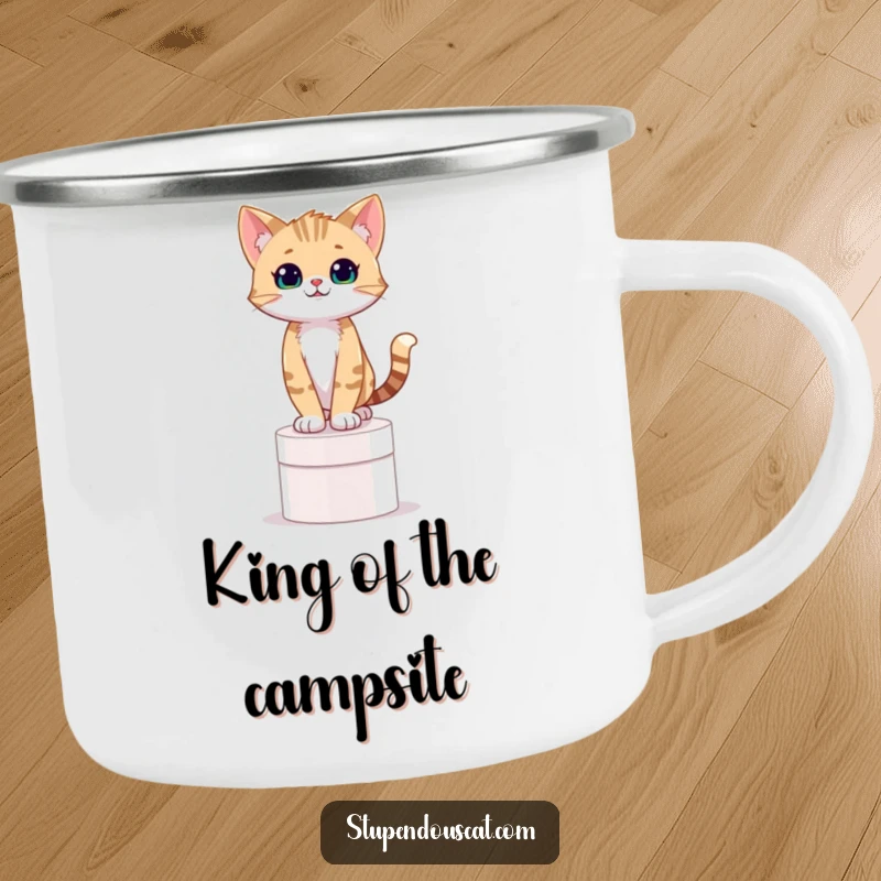 Funny camping mug with a confident cat cub standing on a pedestal, perfect for humorous outdoor enjoyment.