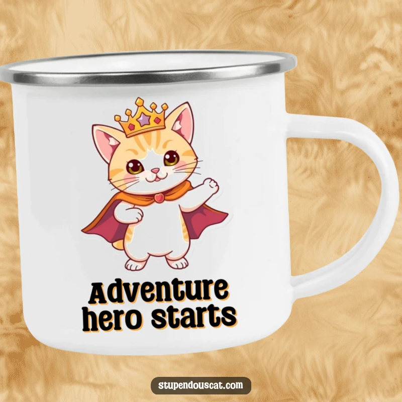 Funny Camping Mug with a heroic cat wearing a cape and crown, striking a pose, perfect for adventurers.