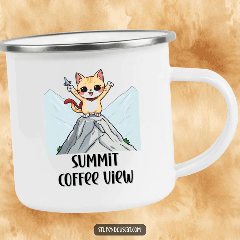 Funny camping mug with a heroic cat character striking a pose on a mountaintop, perfect for epic outdoor adventures.