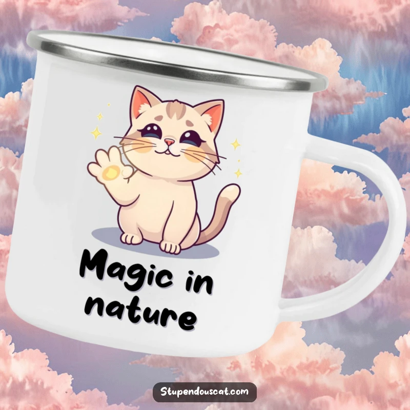 Funny camping mug with a magical cat casting a sparkling spell with its paw, perfect for outdoor enchantment.