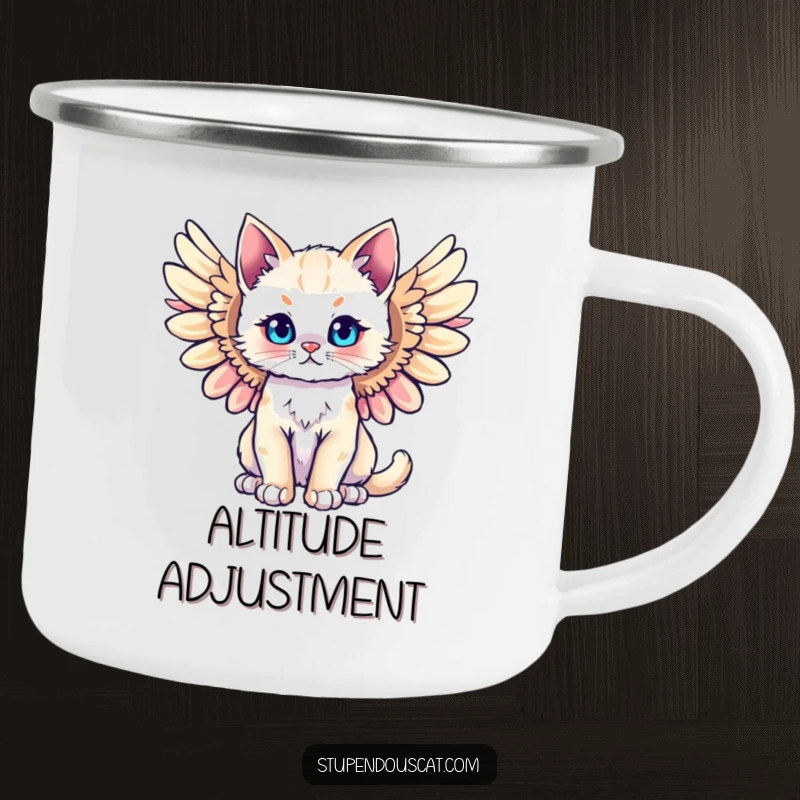 Funny majestic angel cat cub camping mug, wings spread wide, perfect for outdoor adventures with heavenly humor.