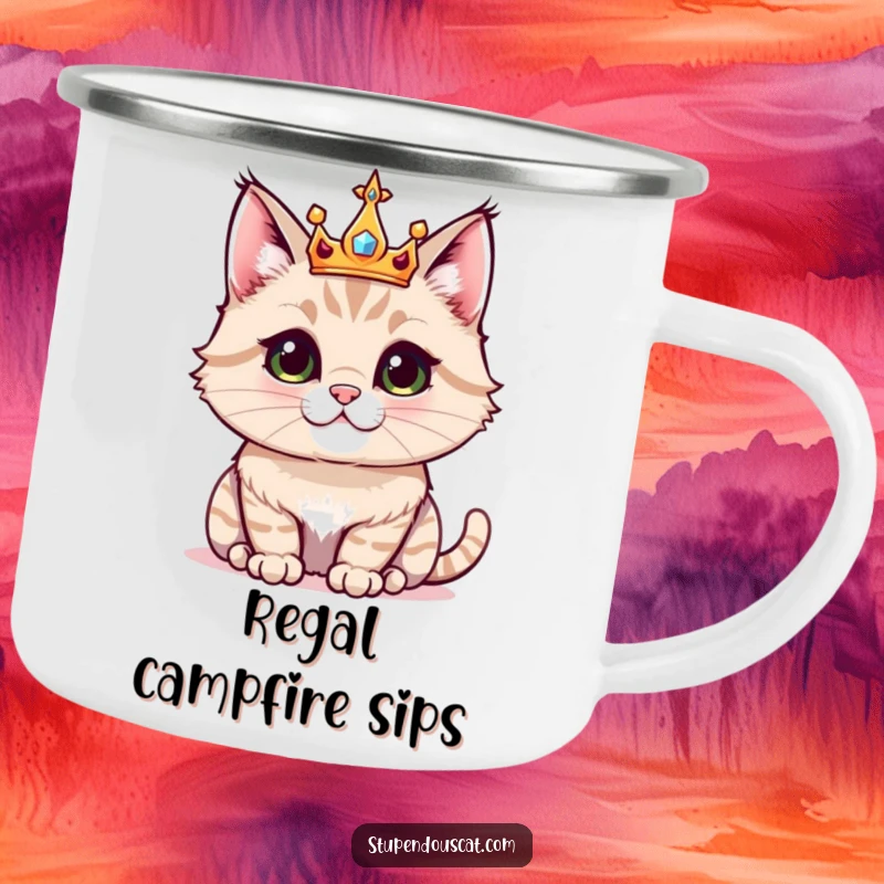 Funny camping mug with a majestic cat wearing a small, sparkling crown, perfect for rugged adventures with royal humor.