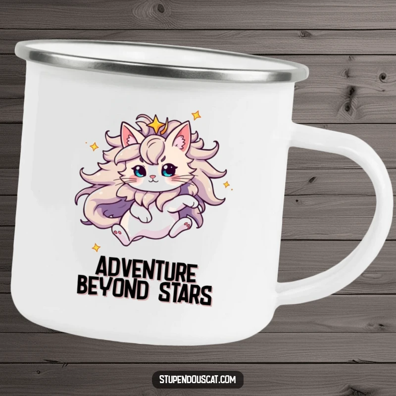 Funny Camping Mug featuring a majestic cat with a starry mane leaping, designed for cosmic adventures and warm beverages outdoors.