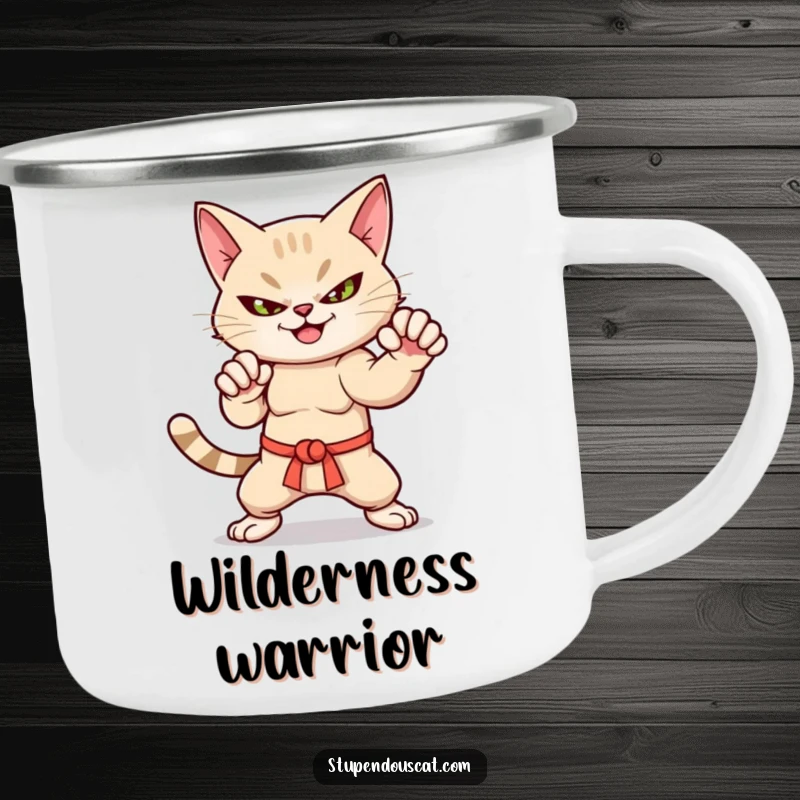 Funny martial arts cat camping mug with a smirk, dynamic pose, perfect for outdoor drinks.