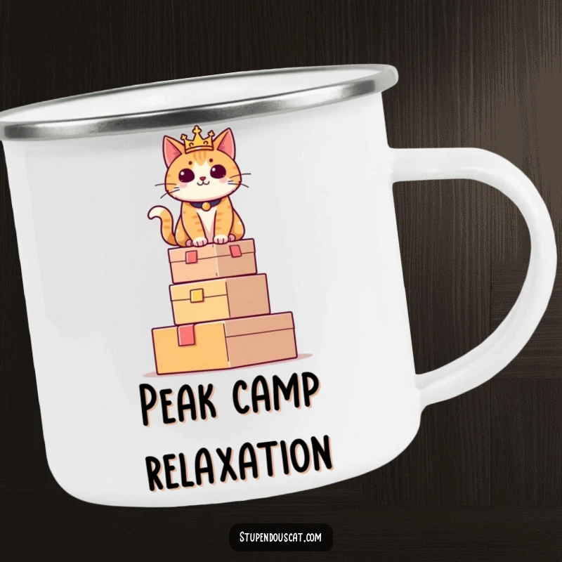 Funny camping mug with a regal cat sitting proudly atop a tower of boxes, perfect for outdoor enjoyment with authority.