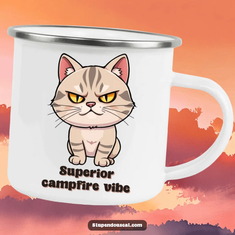 Funny camping mug: A smug cat with narrowed, twinkling eyes strikes a dramatic pose, perfect for outdoor enjoyment.