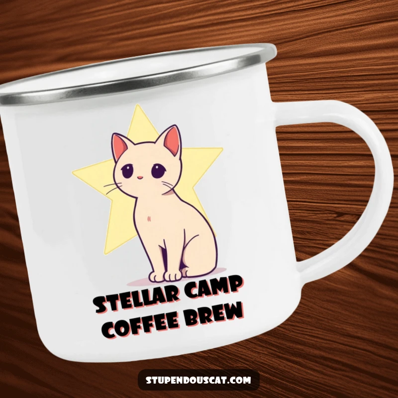 Funny camping mug showcasing a cat silhouette against a bright, shining star, for starry outdoor adventures.