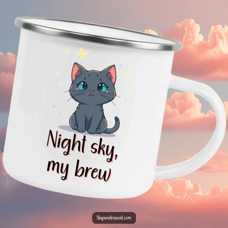 Funny camping mug showing a mysterious cat gazing at a starry night sky, ideal for enjoying drinks outdoors under the cosmos, a fun gift.