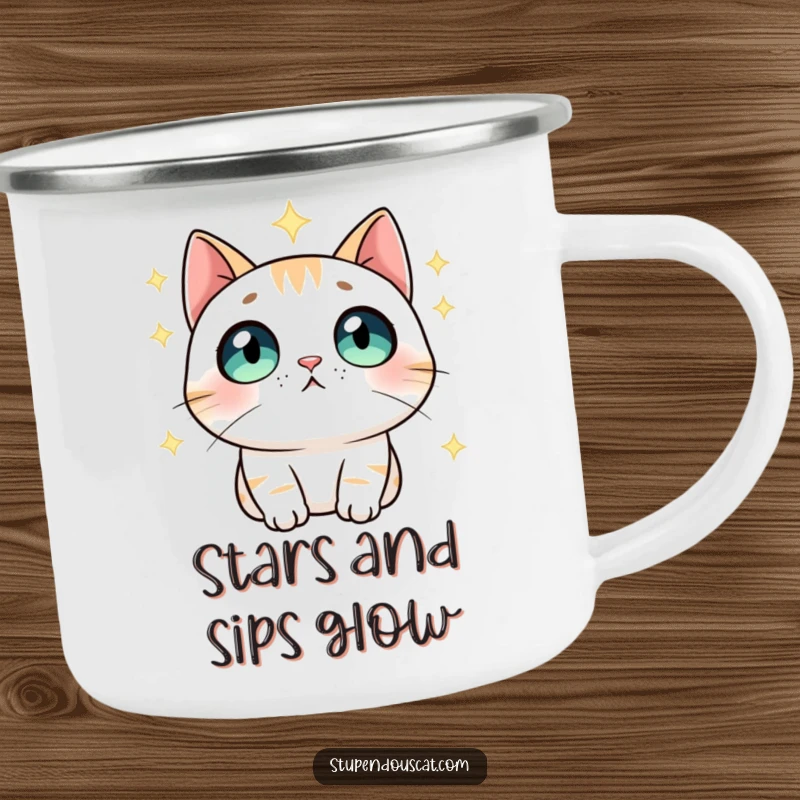 Funny Camping Mug: A cat with wide eyes gazing at stars, ready for adventure with cosmic charm and a durable design.