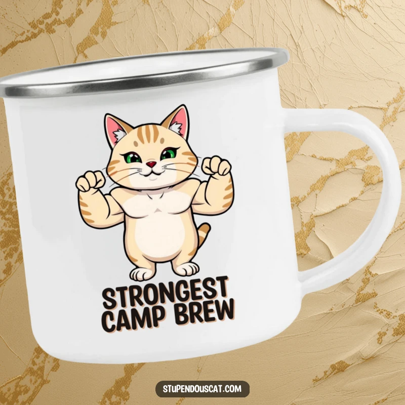 Funny camping mug showing a strong cat with rippling muscles, flexing its arms with pride in an outdoor setting.
