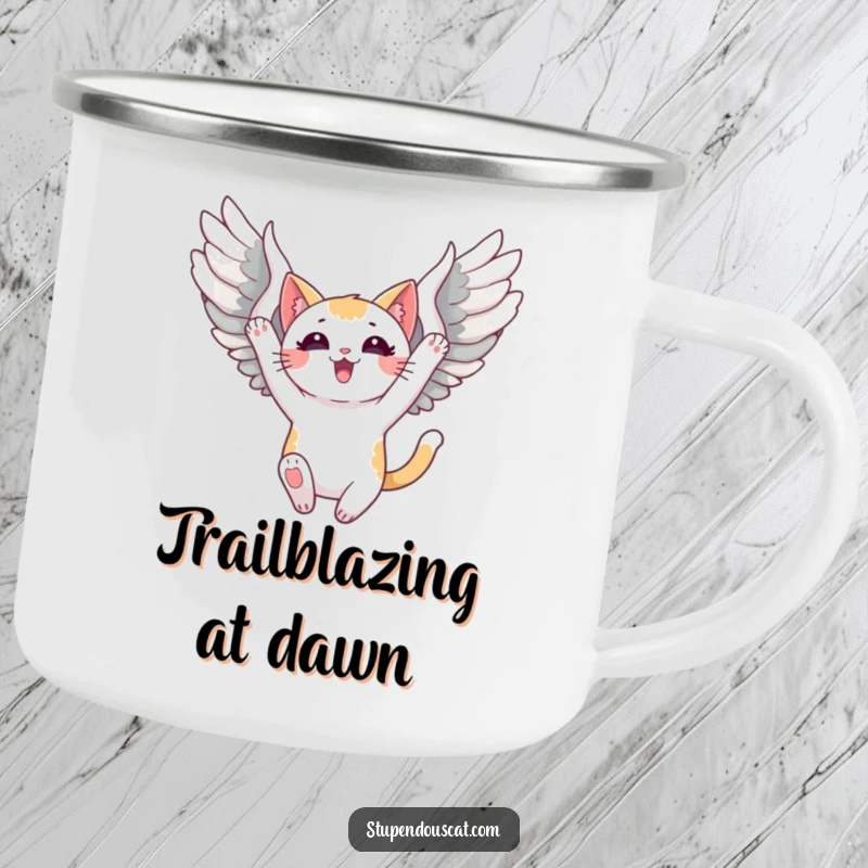 Funny Camping Mug with a triumphant cat with unfurled wings soaring high, designed for outdoor adventures and a winning spirit.