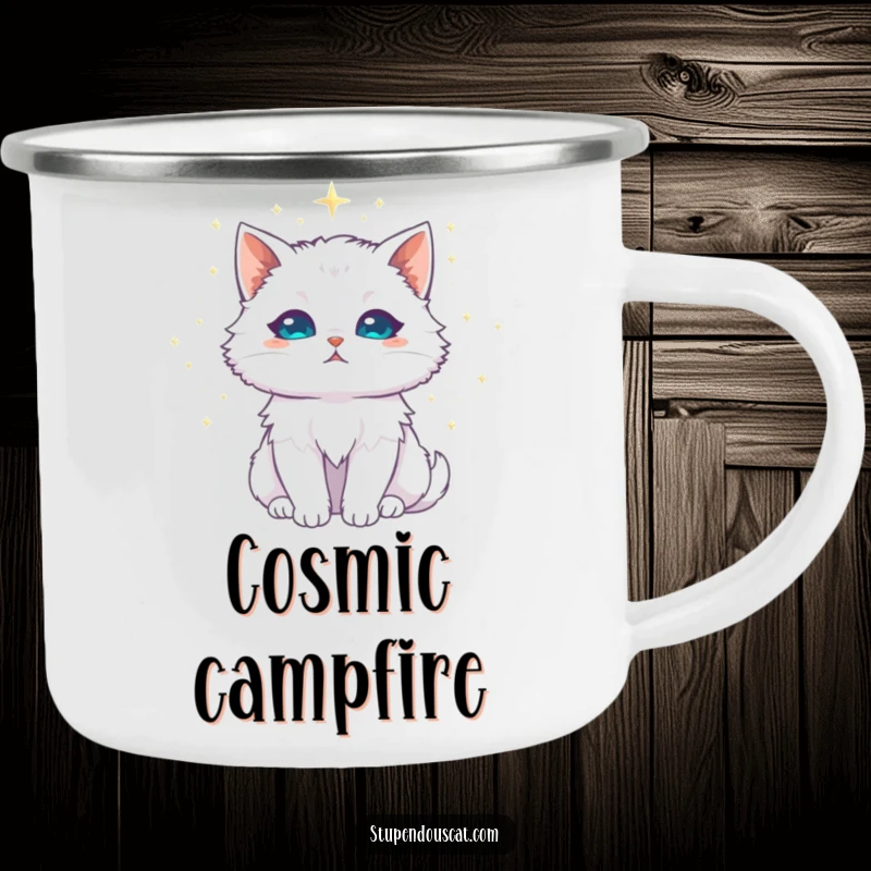 Funny white cat camping mug, majestic with a halo of shimmering stardust, a durable cup for enjoying beverages with celestial style.