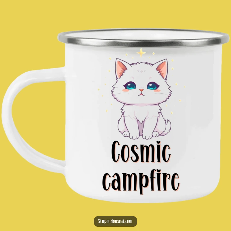 Funny White Cat Stardust Camping Mug - Durable Celestial Cup Gift