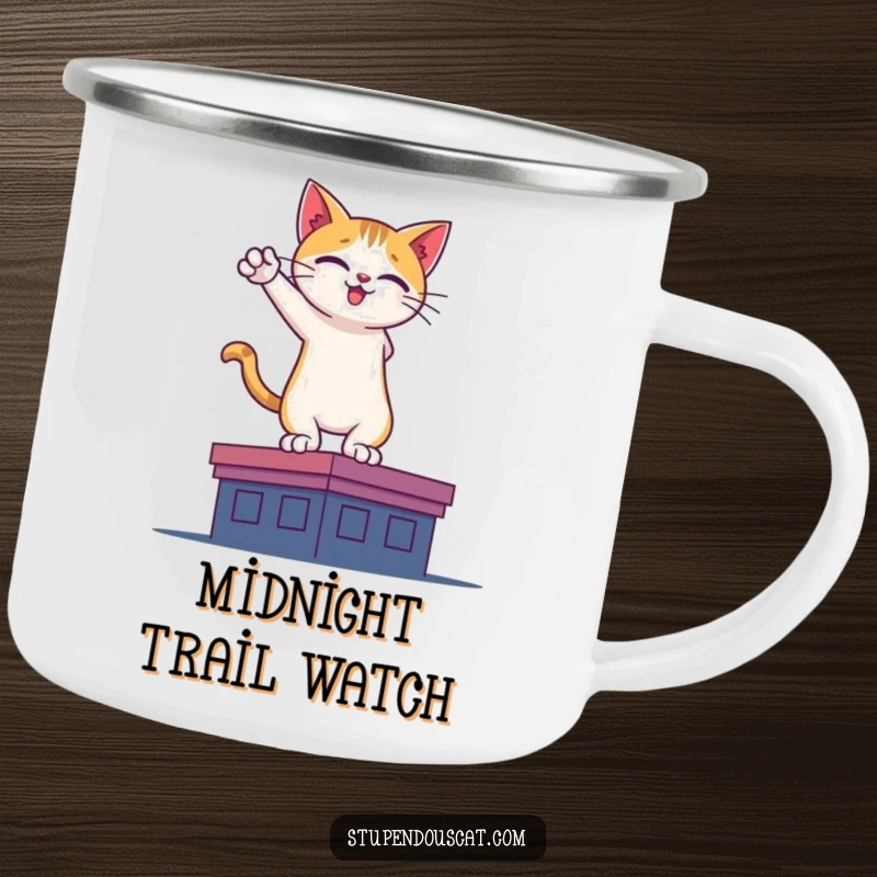 Funny camping mug featuring a heroic cat silhouette on a rooftop, perfect for outdoor adventures and brave spirits.