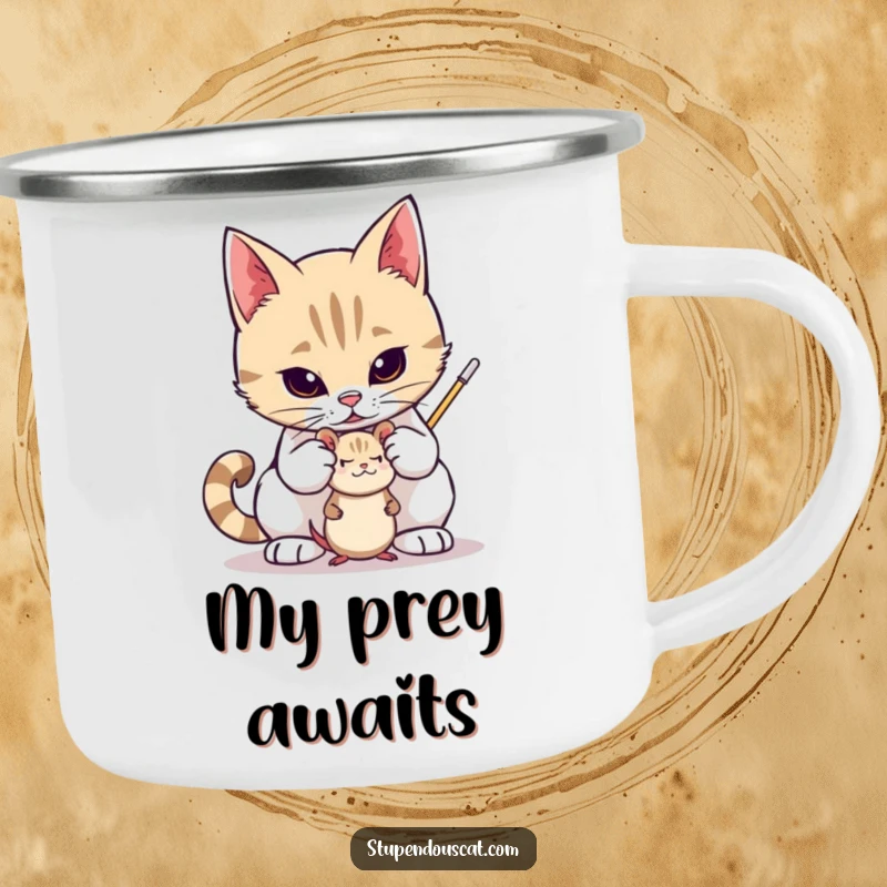 Funny camping mug showing a valiant cat protectively guarding a small toy mouse, ideal for enjoying drinks on adventures, a fun gift.