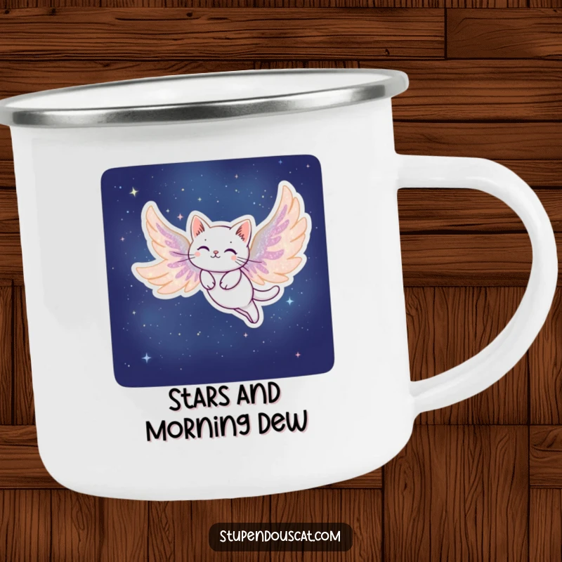 Funny Stardust Cat Camping Mug: A rugged mug featuring a cat with stardust wings soaring gracefully through the night.