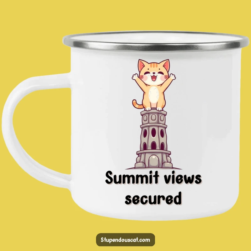 Funny Triumphant Cat Camping Mug: Outdoor Gift for Adventurers Who Conquer Heights