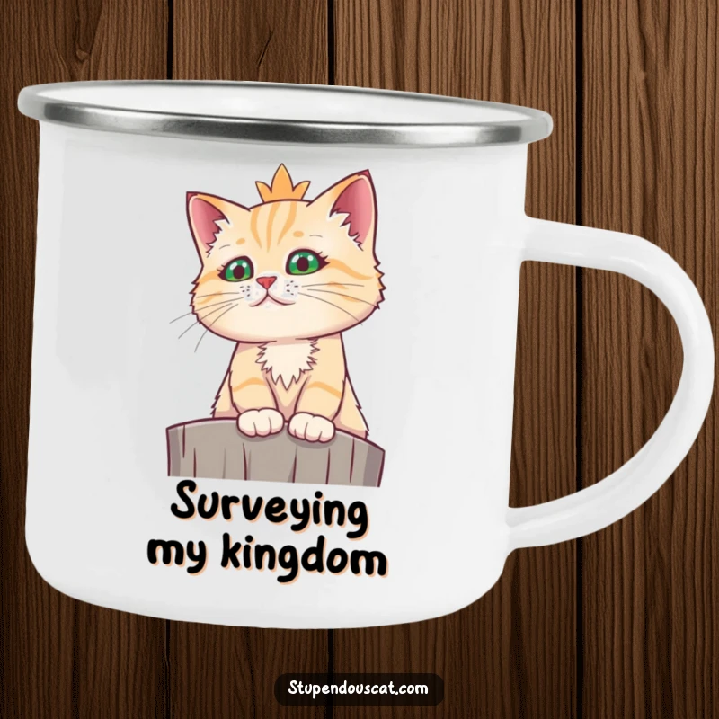 Funny regal cat camping mug showing a cat looking down from a high perch with a funny, majestic aura.