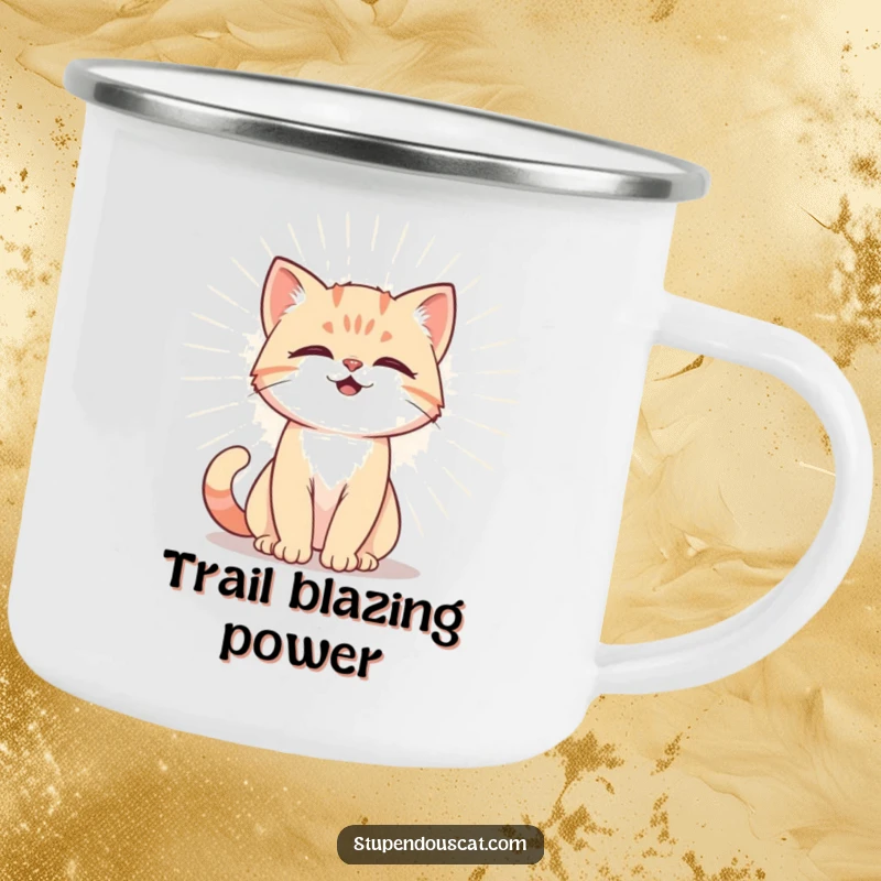 Funny Camping Mug with a powerful cat cub emitting a radiant aura, perfect for outdoor activities and enjoying drinks with humorous majesty.