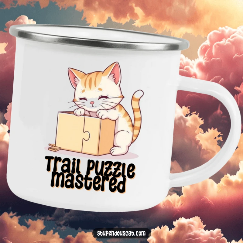 Funny camping mug with a clever cat intently solving a puzzle box, perfect for outdoor contemplation and enjoyment.