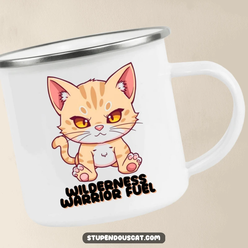 Funny action cat cub camping mug, looking formidable and ready for outdoor fun with a humorous spirit.