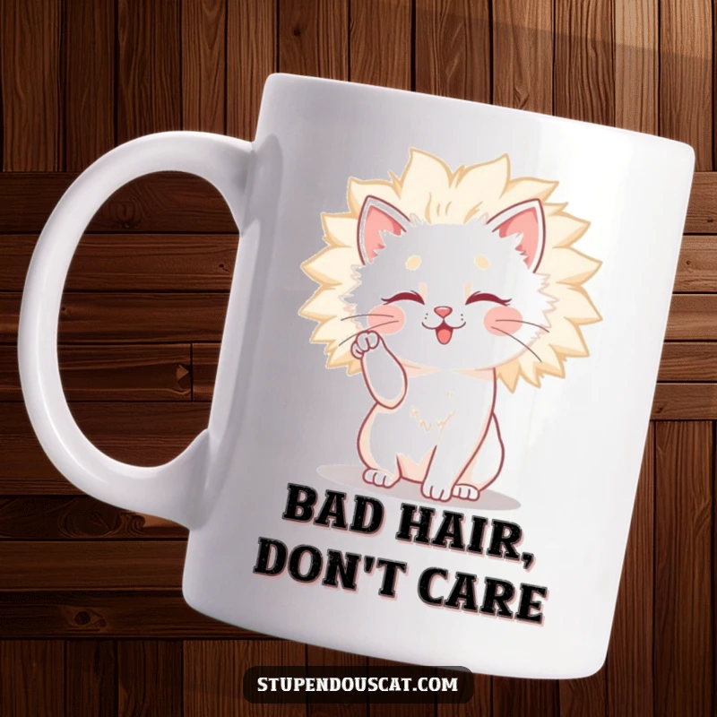 Funny cat mug showing a determined feline attempting to smooth down its voluminous, wild, and fluffy mane of hair.