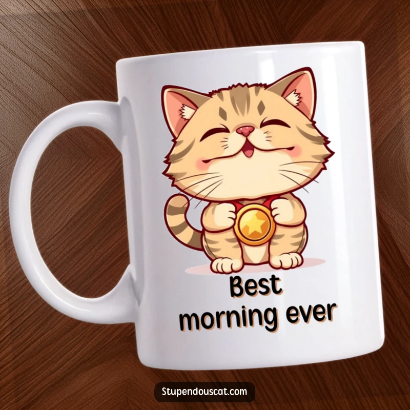 Funny Mug: A proud cat wears a shining medal, displaying it with immense satisfaction and a triumphant grin.