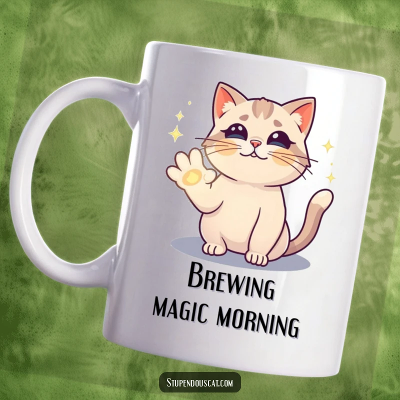 Funny mug featuring a magical cat gracefully casting a sparkling spell with its paw, radiating enchanting energy.