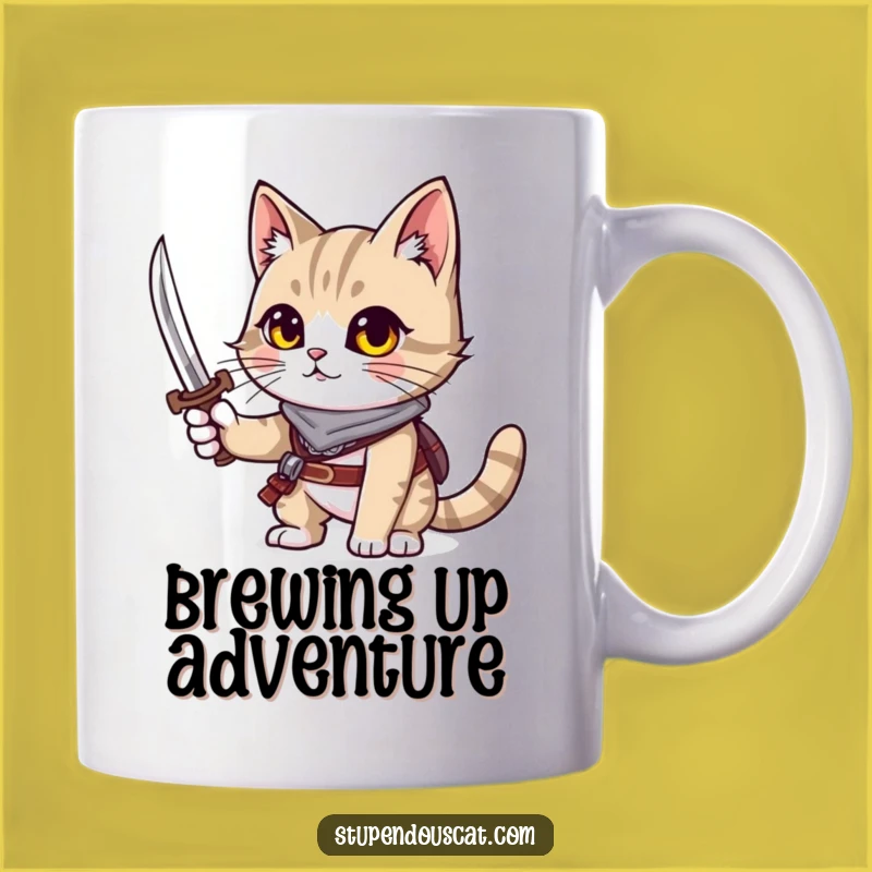 Funny Adventurous Cat Mug - Tiny Sword Wielding Feline Warrior Gift