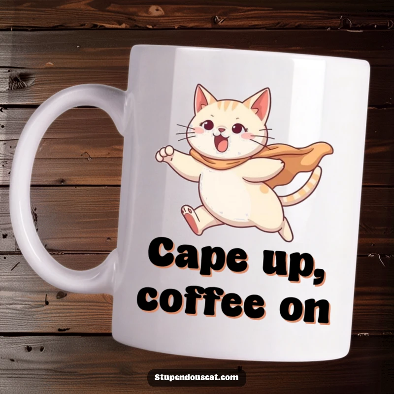 Funny mug with a determined cat leaping heroically, cape billowing dramatically, ready for action and laughter.