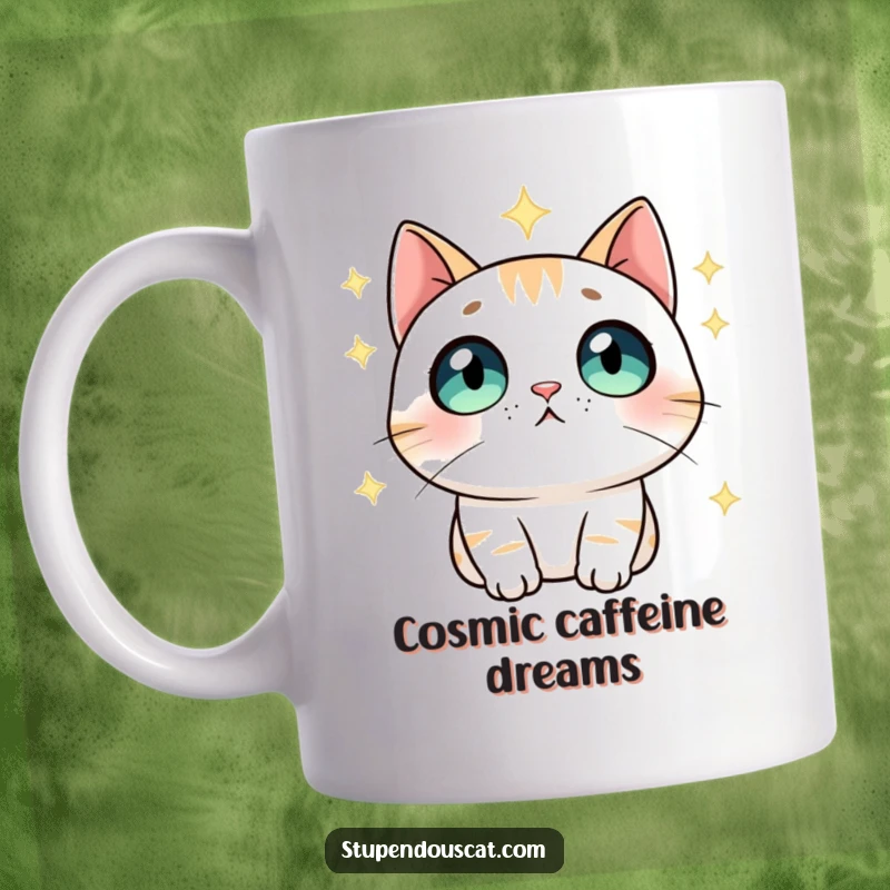 Funny Mug: A cat with wide, amazed eyes staring up at a starry night sky, full of wonder and cosmic curiosity.