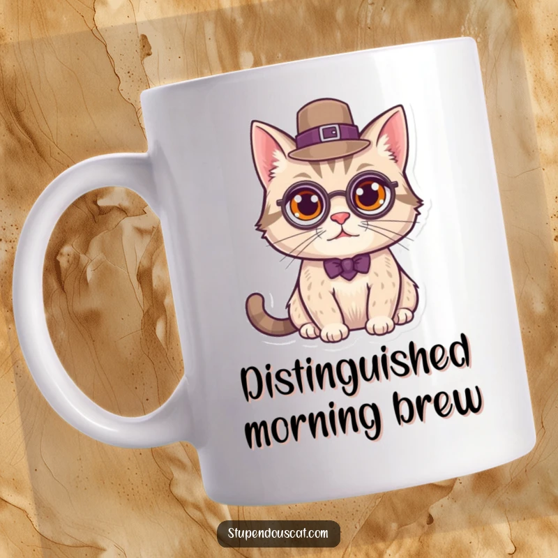 Funny Mug showing a sophisticated cat wearing a monocle and top hat, looking very distinguished and dapper.