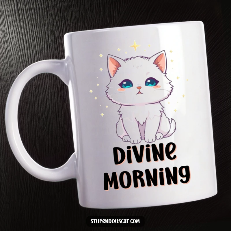 Funny white cat mug, looking majestic with a halo of shimmering stardust, embodying celestial charm and feline grace.
