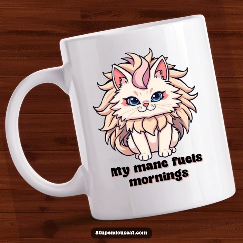 Funny Cat Mug depicting a powerful cat with an epic, flowing mane, looking like a majestic king of the jungle.