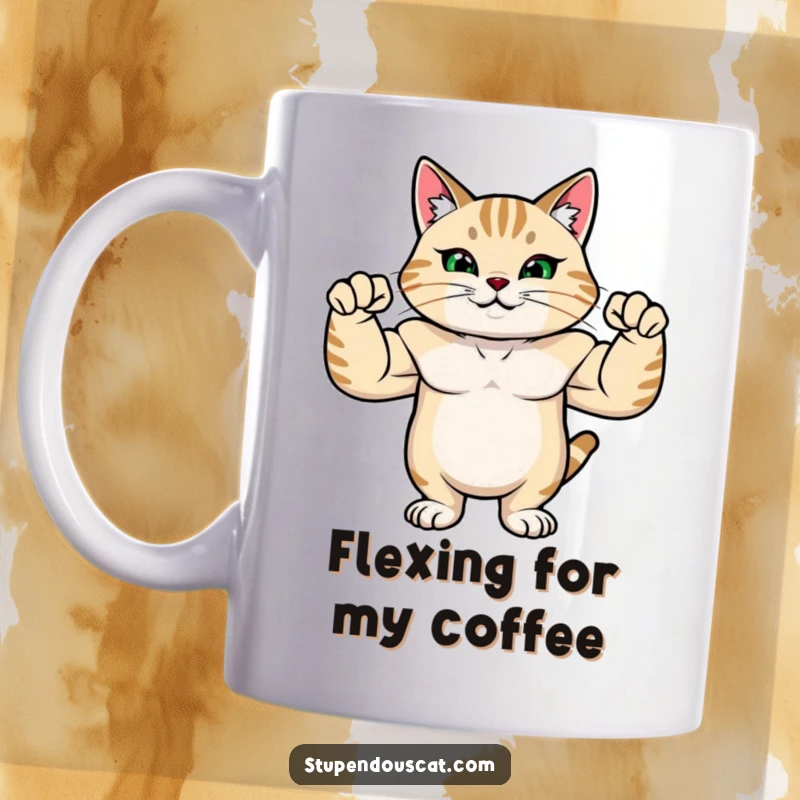 Funny mug with a strong cat with rippling muscles, flexing its biceps with immense pride and power.