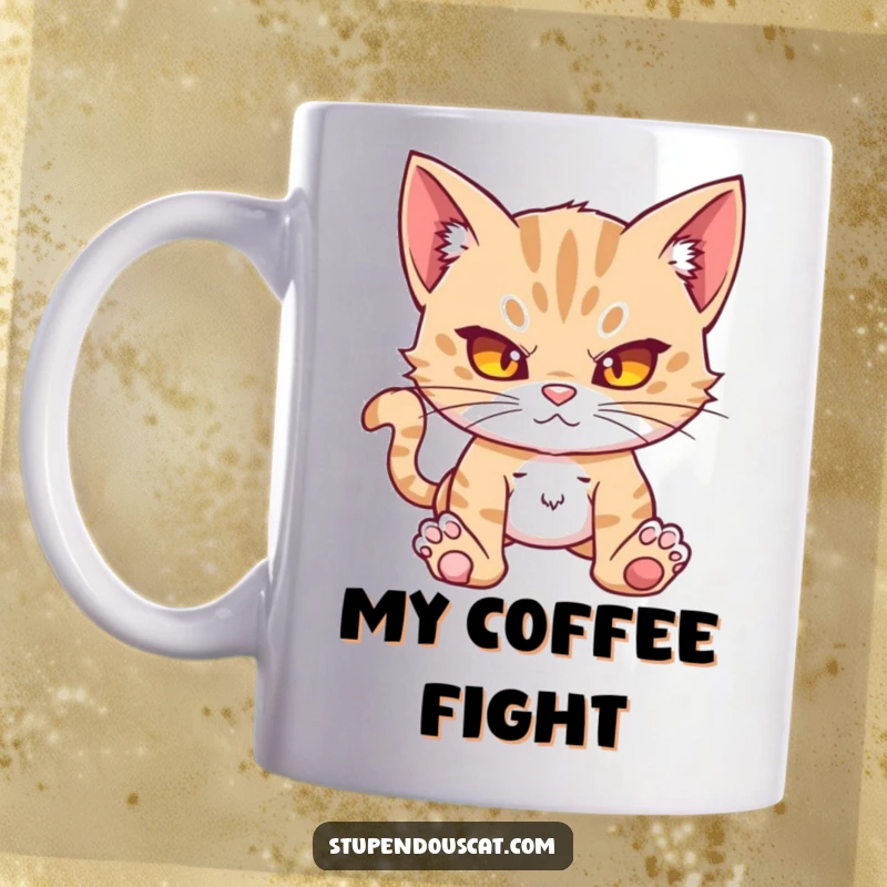 Funny action cat cub mug, looking formidable and ready to pounce, ears alert. A humorous design for the prepared.