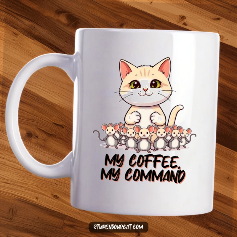 Funny cat mug depicting a confident cat standing tall, commanding an army of toy mice.